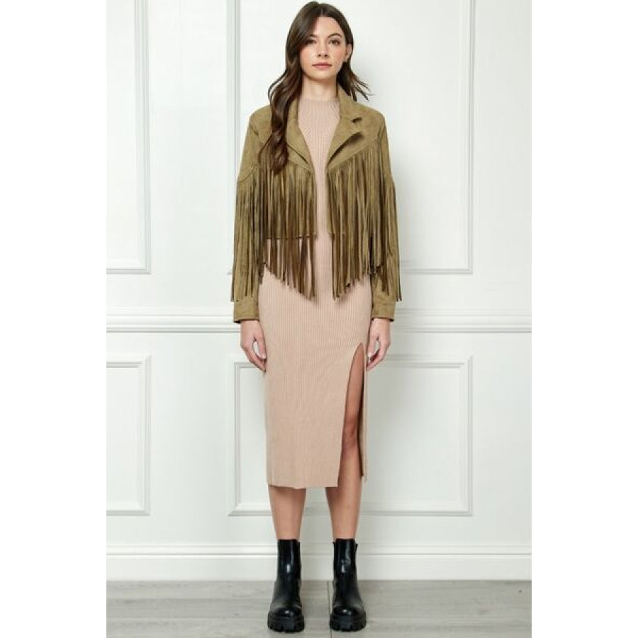 Veveret Suede Fringe Long Sleeve Moto Jacket Apparel and Accessories