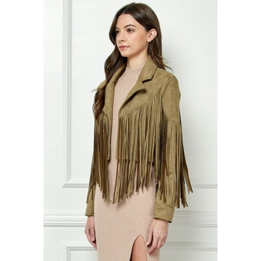 Veveret Suede Fringe Long Sleeve Moto Jacket OLIVE / S Apparel and Accessories