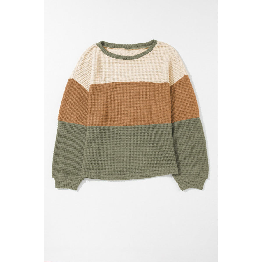 Waffle-Knit Color Block Round Neck Long Sleeve Blouse Apparel and Accessories