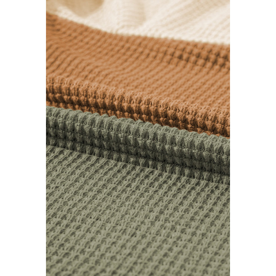 Waffle-Knit Color Block Round Neck Long Sleeve Blouse Apparel and Accessories