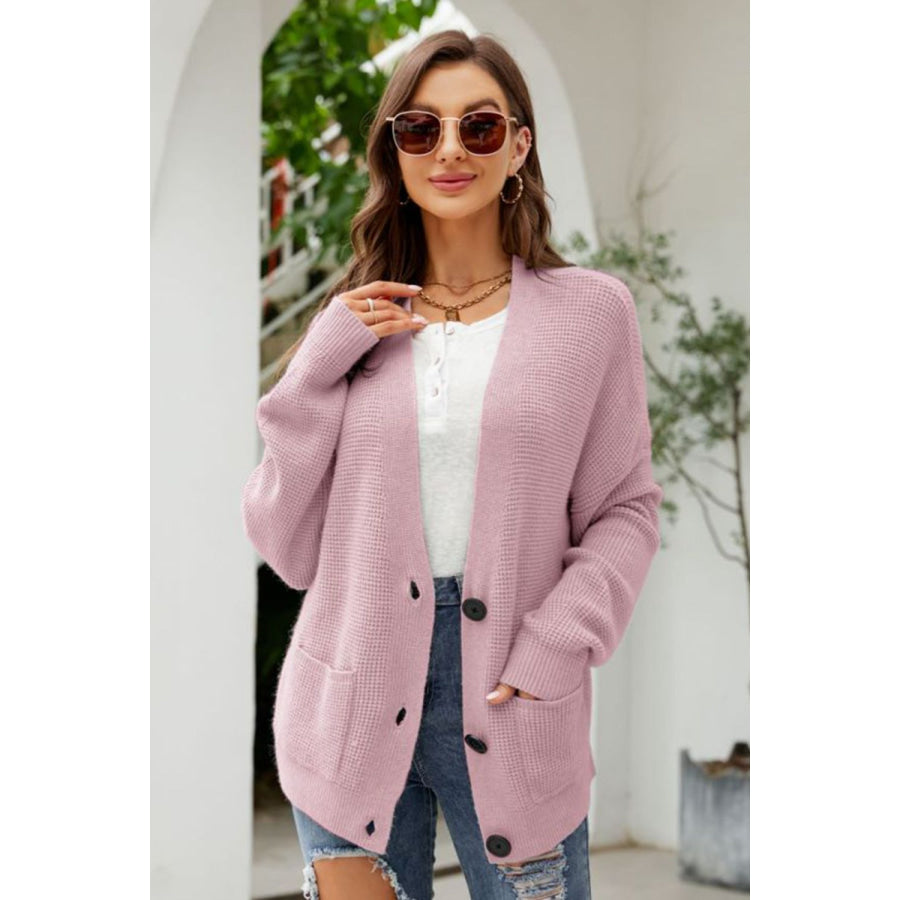 Waffle-Knit Dropped Shoulder Cardigan Blush Pink / S
