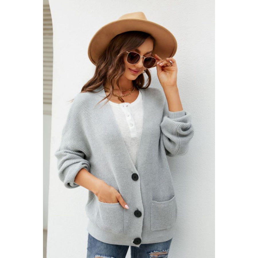Waffle-Knit Dropped Shoulder Cardigan Light Gray / S