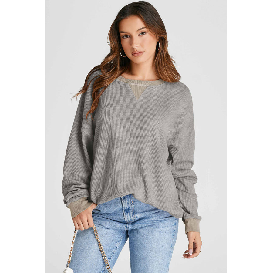 Waffle-Knit Long Sleeve Sweatshirt Gray / S Apparel and Accessories