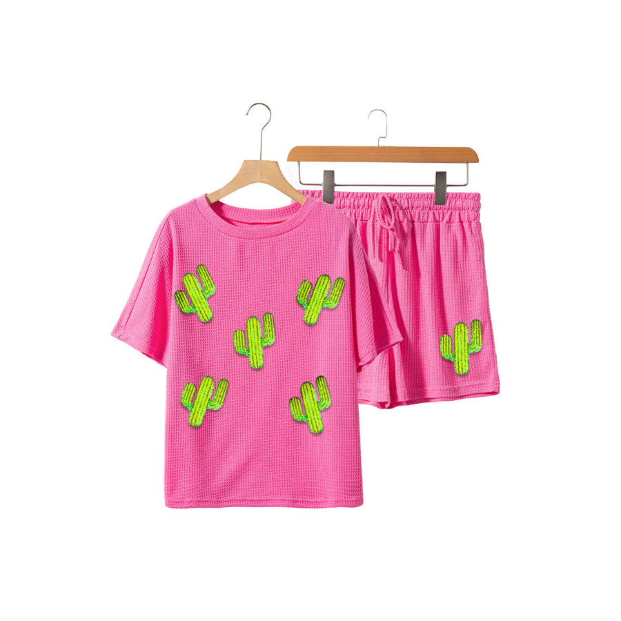 Waffle-Knit Round Neck Top and Shorts Set Cerise / S Apparel and Accessories