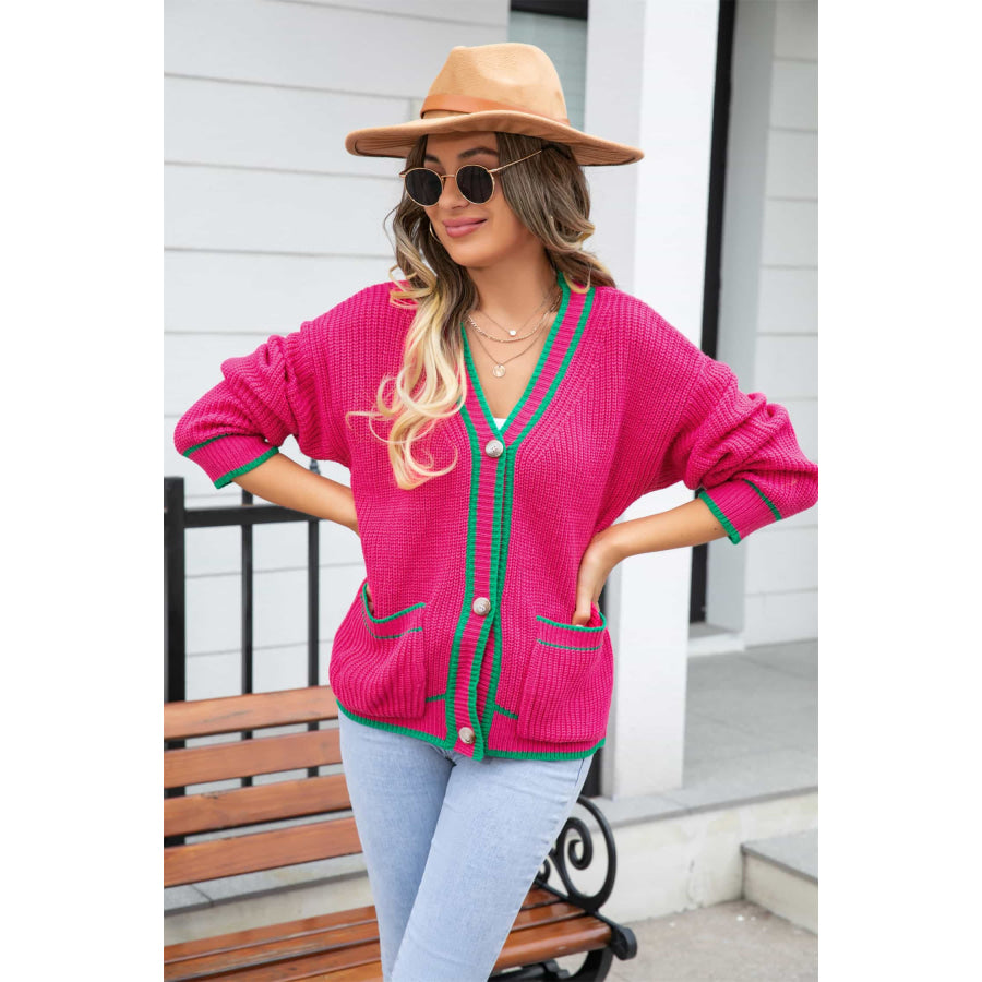 Waffle Knit V-Neck Cardigan with Pocket Deep Rose / S