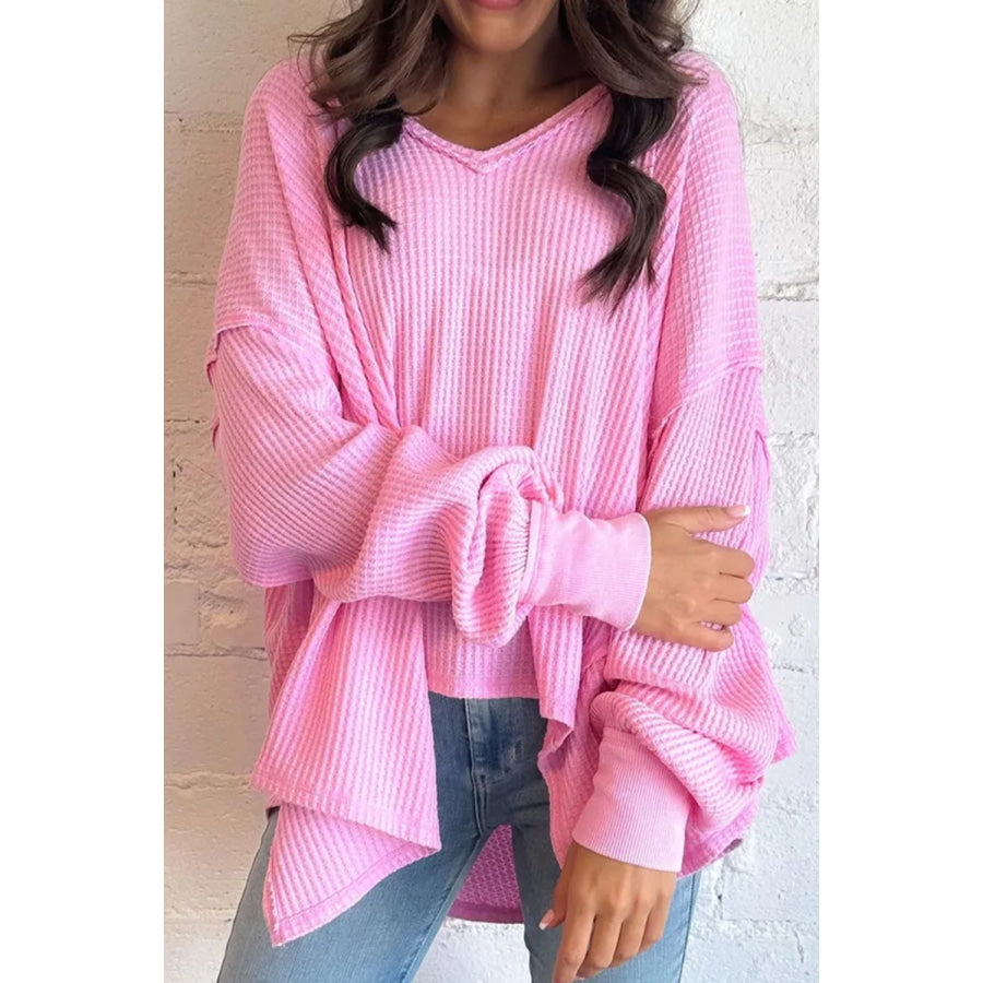 Waffle-Knit V-Neck Long Sleeve Blouse Blush Pink / S Apparel and Accessories