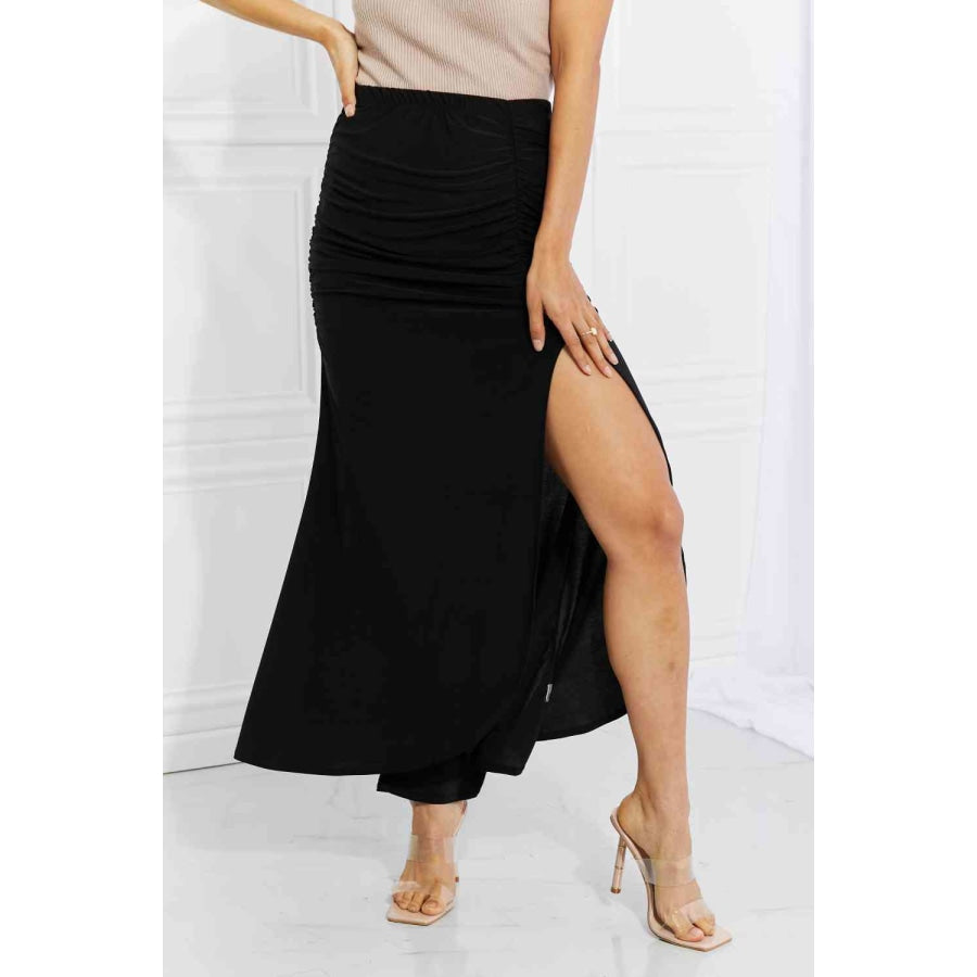 White Birch Full Size Up and Up Ruched Slit Maxi Skirt in Black Clothing