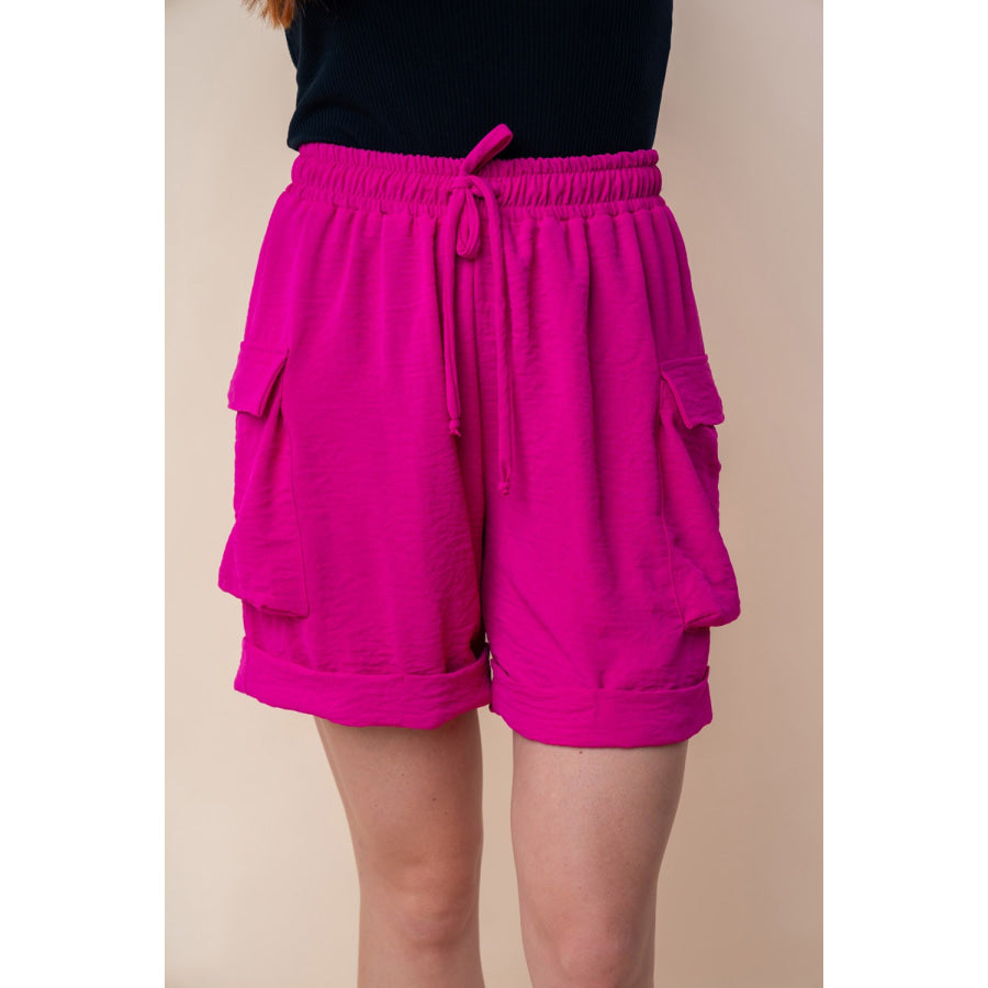 White Birch High Waisted Drawstring Knit Cargo Shorts Fuchsia / S Apparel and Accessories