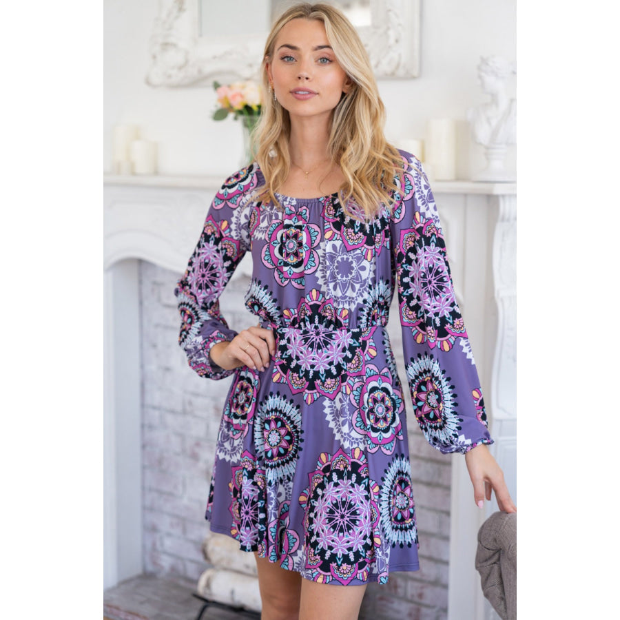 White Birch Printed Long Sleeve Mini Dress with Short Liner Purple / S Apparel and Accessories