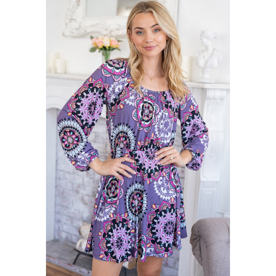 White Birch Printed Long Sleeve Mini Dress with Short Liner Purple / S Apparel and Accessories