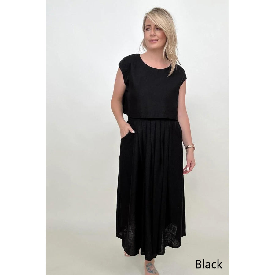 White Birch Sleeveless Linen Top And Skirt Set Black / S Pants Sets