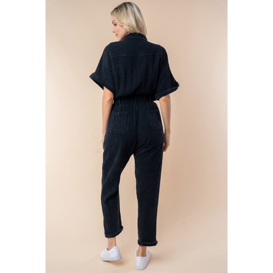 White Birch Texture Short Sleeve Jumpsuit Black / S Apparel and Accessories
