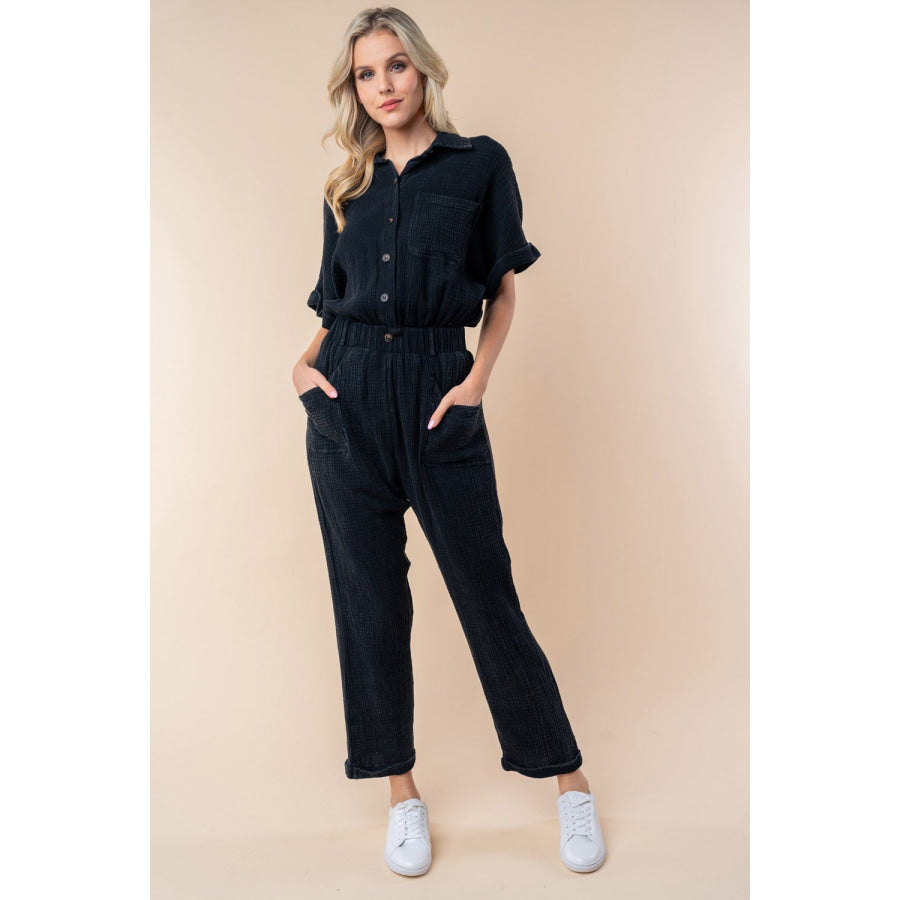 White Birch Texture Short Sleeve Jumpsuit Black / S Apparel and Accessories