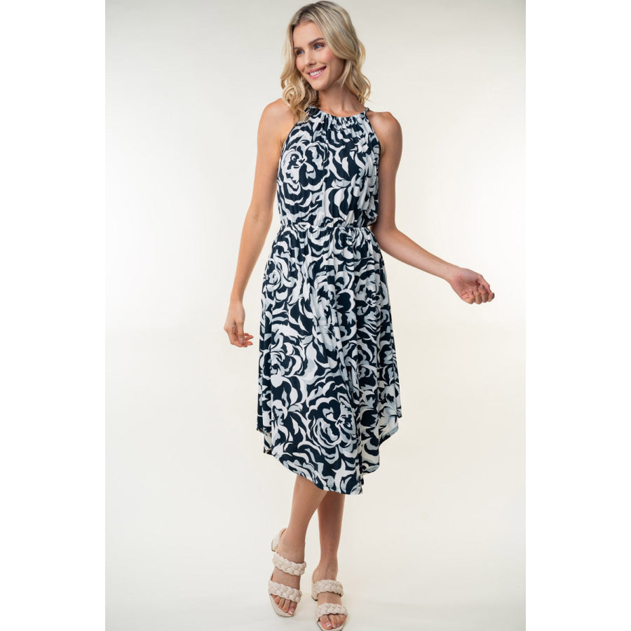 White Birch Tied Ruched Floral Sleeveless Knee Length Dress Black / S Apparel and Accessories