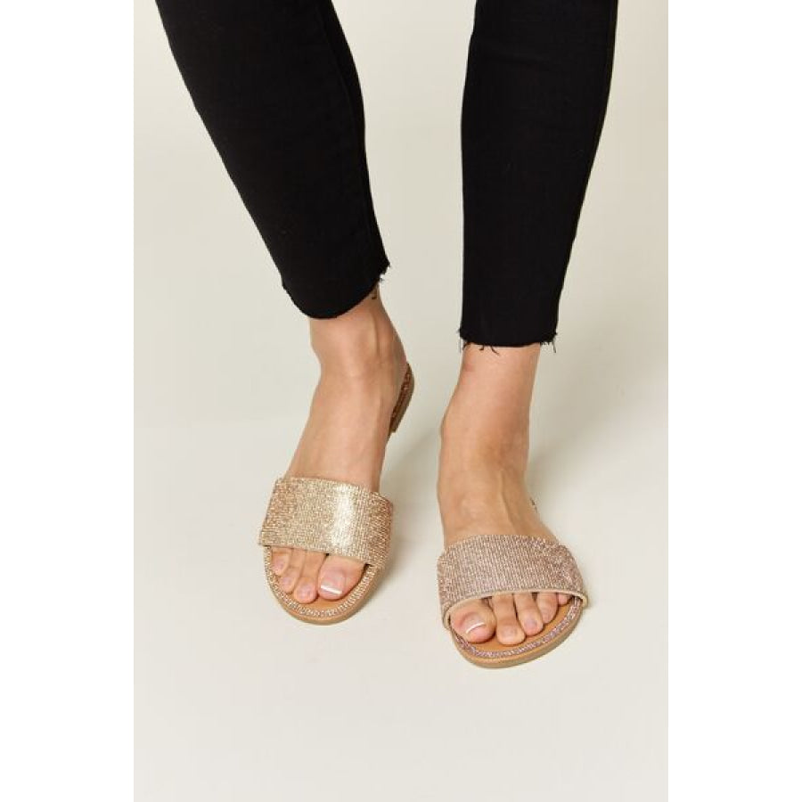 WILD DIVA Rhinestone Open Toe Flat Sandals ROSE GOLD / 6 Apparel and Accessories