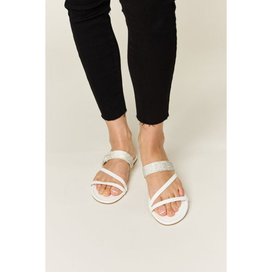 WILD DIVA Rhinestone Strappy Flat Sandals White / 6 Apparel and Accessories
