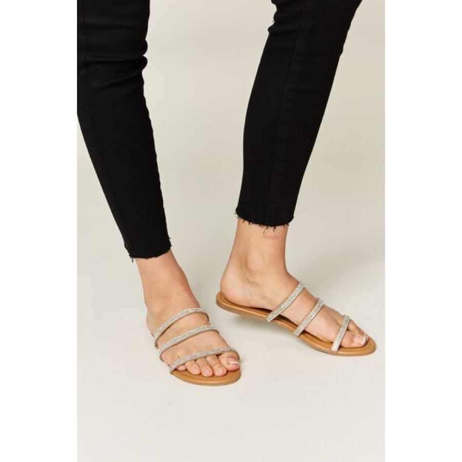 WILD DIVA Rhinestone Three - Strap Flat Sandals Apparel and Accessories