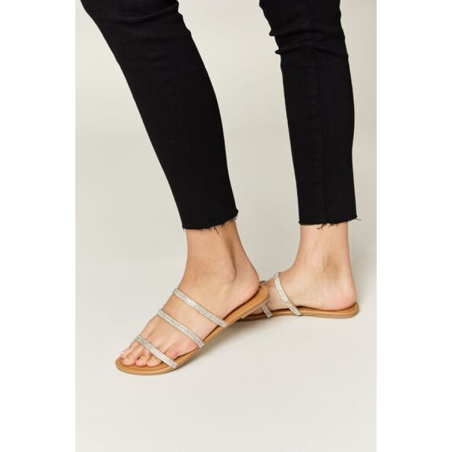 WILD DIVA Rhinestone Three - Strap Flat Sandals Apparel and Accessories
