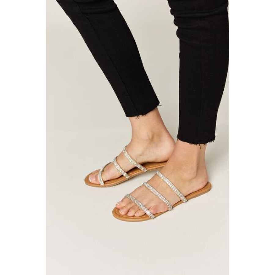 WILD DIVA Rhinestone Three - Strap Flat Sandals Apparel and Accessories