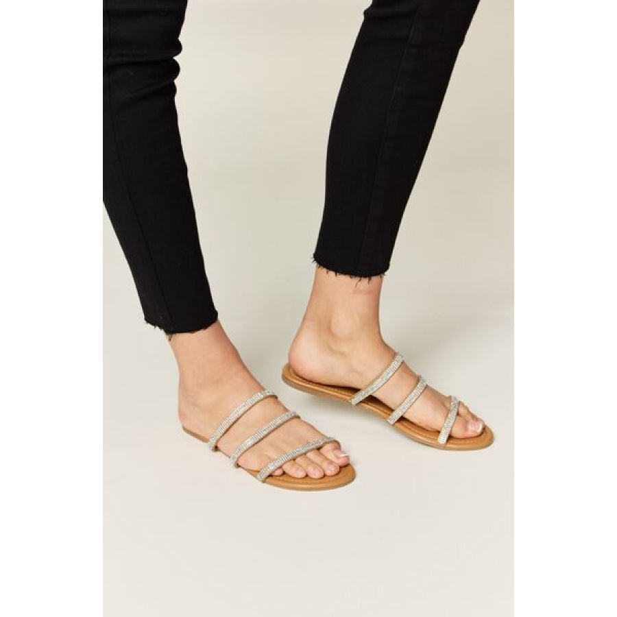 WILD DIVA Rhinestone Three - Strap Flat Sandals Apparel and Accessories
