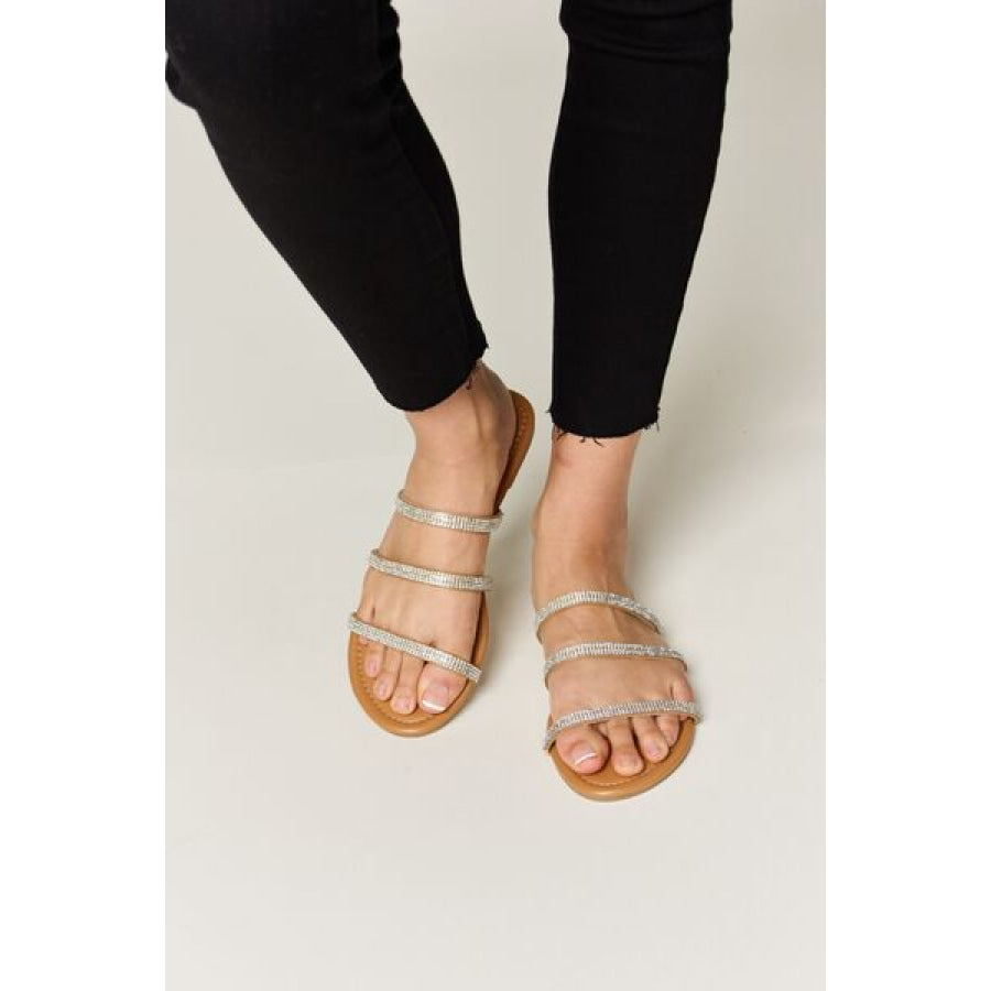 WILD DIVA Rhinestone Three - Strap Flat Sandals TAN / 6 Apparel and Accessories