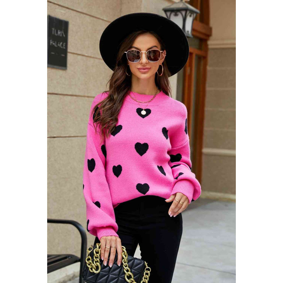 Woven Right Heart Pattern Lantern Sleeve Round Neck Tunic Sweater Rose / S