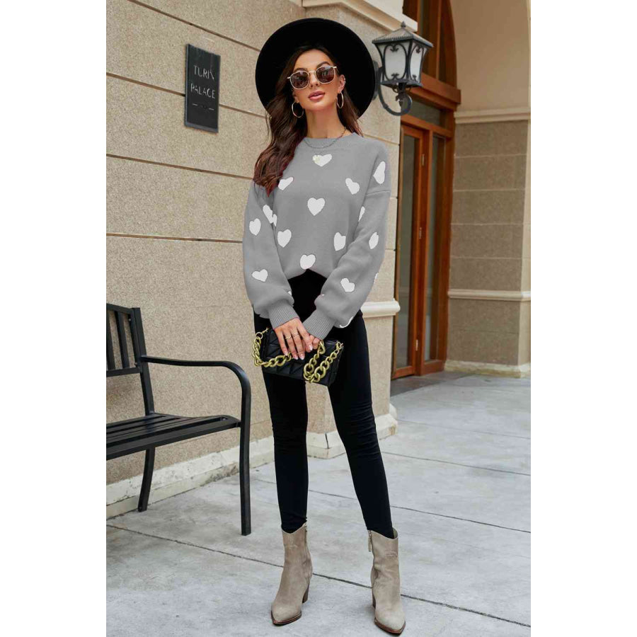 Woven Right Heart Pattern Lantern Sleeve Round Neck Tunic Sweater