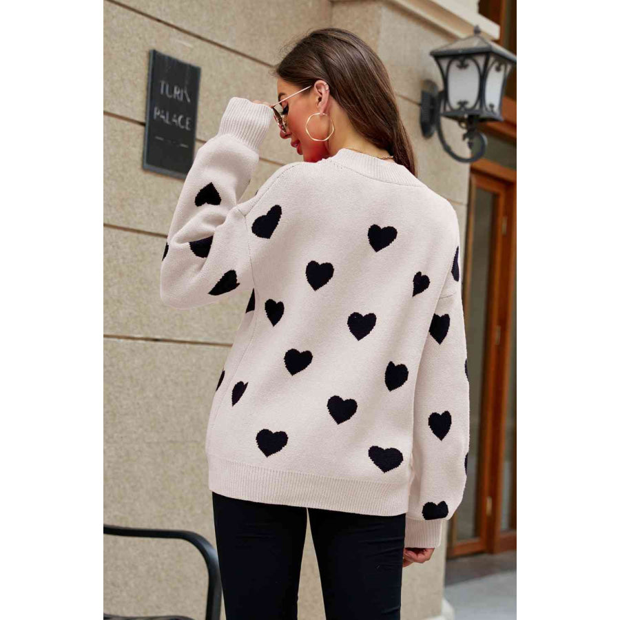 Woven Right Heart Pattern Lantern Sleeve Round Neck Tunic Sweater
