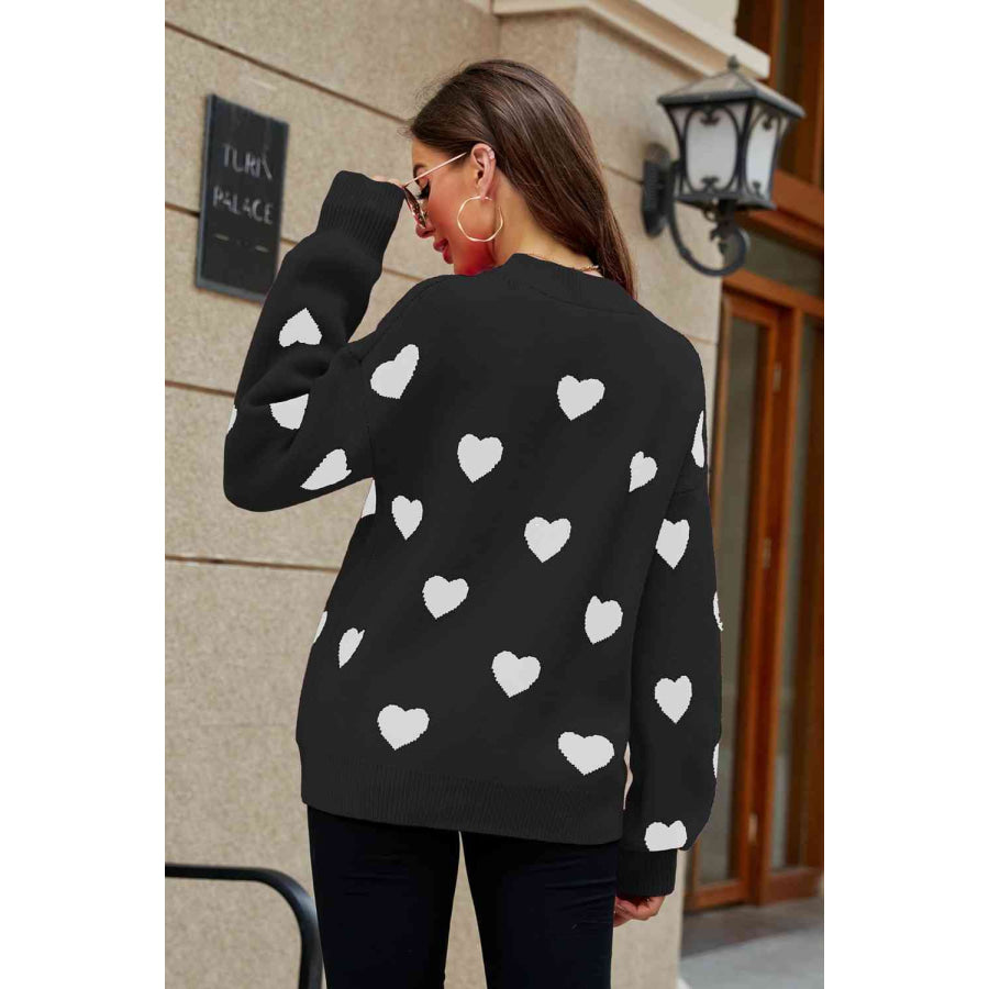 Woven Right Heart Pattern Lantern Sleeve Round Neck Tunic Sweater