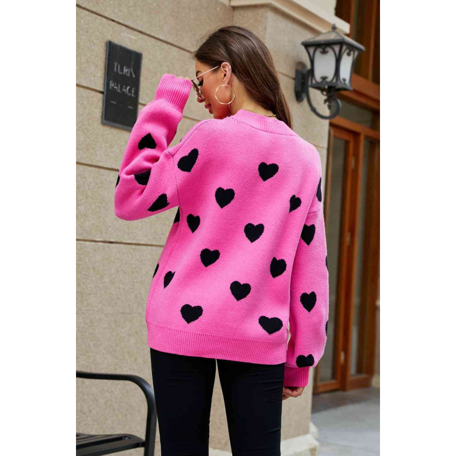 Woven Right Heart Pattern Lantern Sleeve Round Neck Tunic Sweater