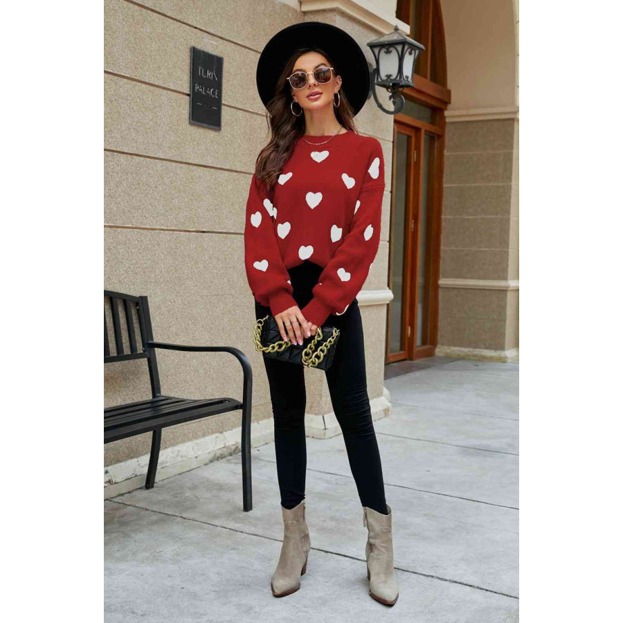Woven Right Heart Pattern Lantern Sleeve Round Neck Tunic Sweater