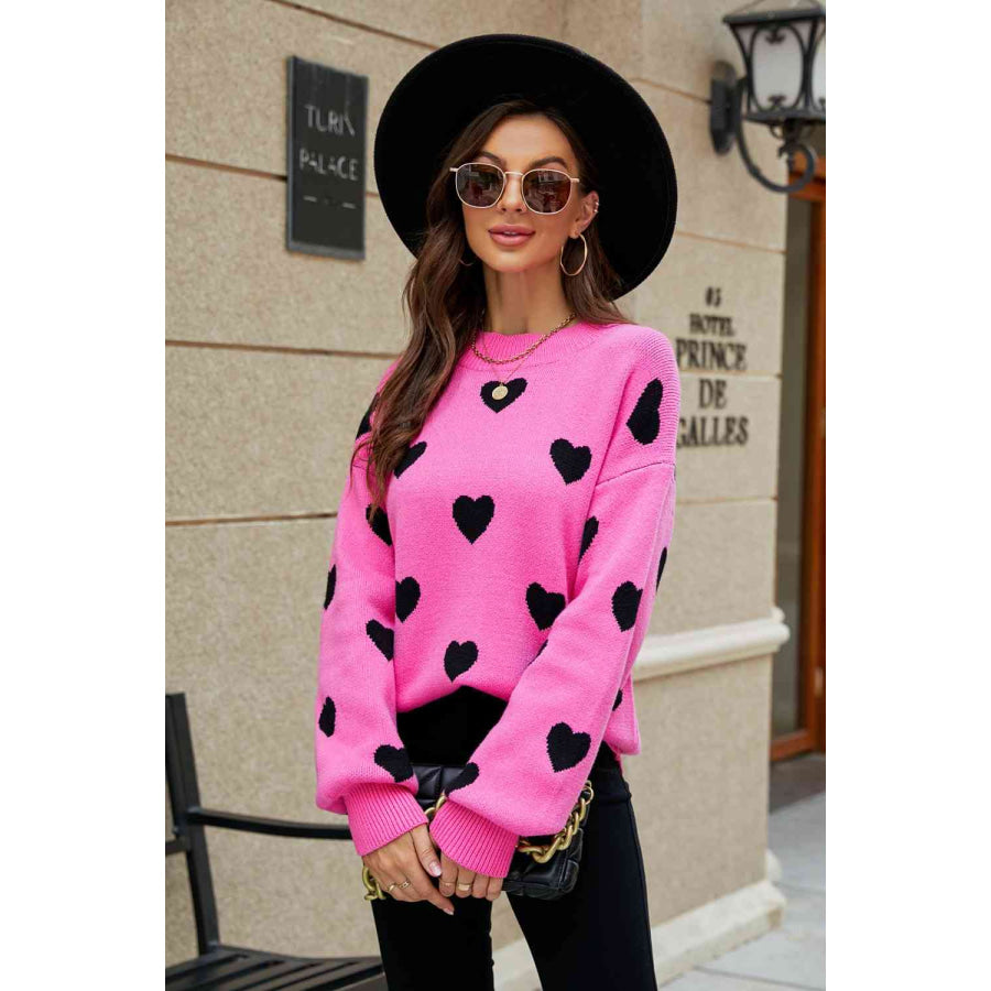 Woven Right Heart Pattern Lantern Sleeve Round Neck Tunic Sweater