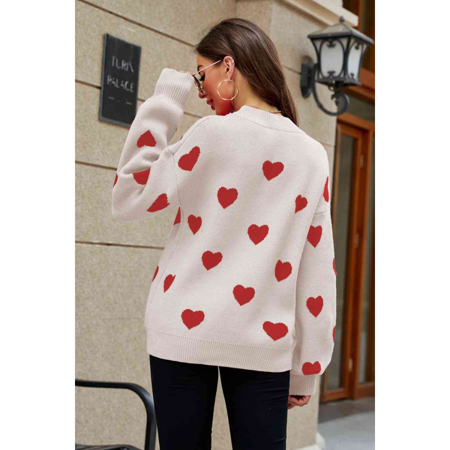 Woven Right Heart Pattern Lantern Sleeve Round Neck Tunic Sweater