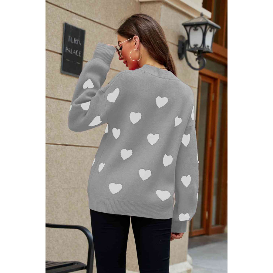 Woven Right Heart Pattern Lantern Sleeve Round Neck Tunic Sweater