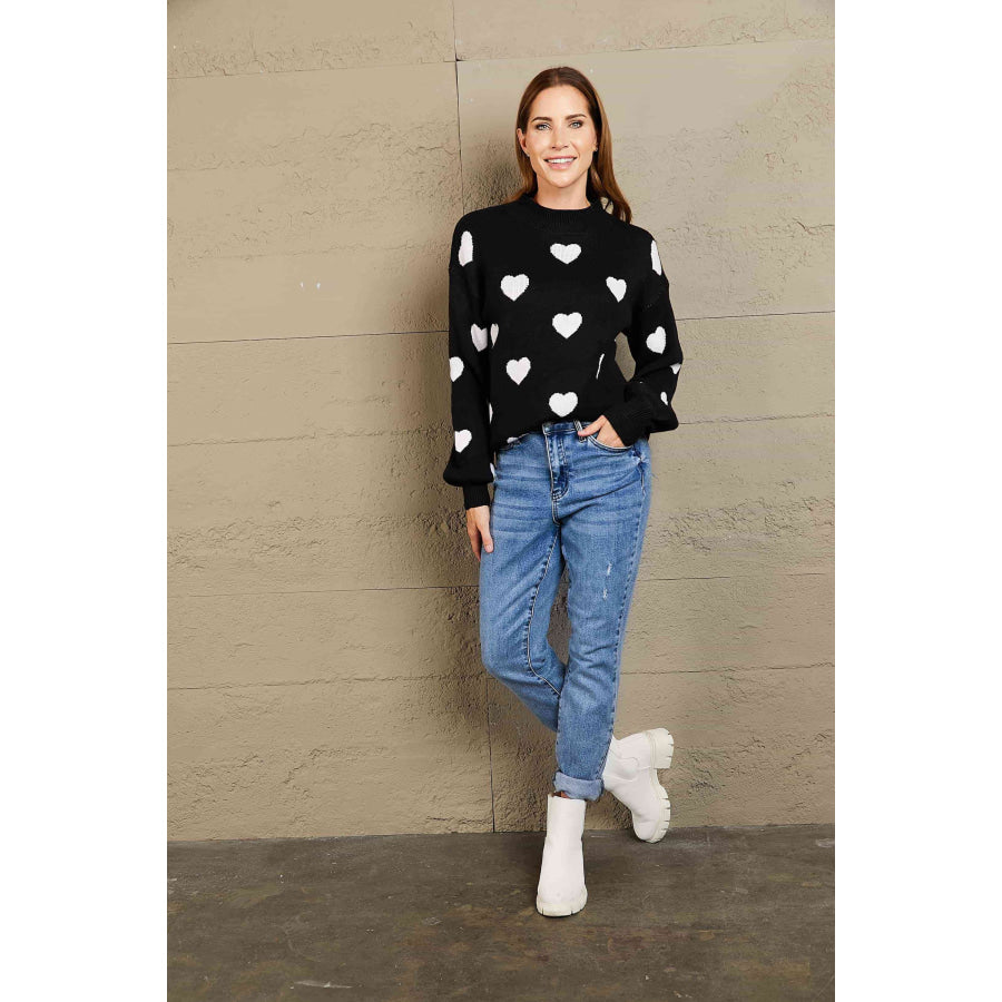 Woven Right Heart Pattern Lantern Sleeve Round Neck Tunic Sweater