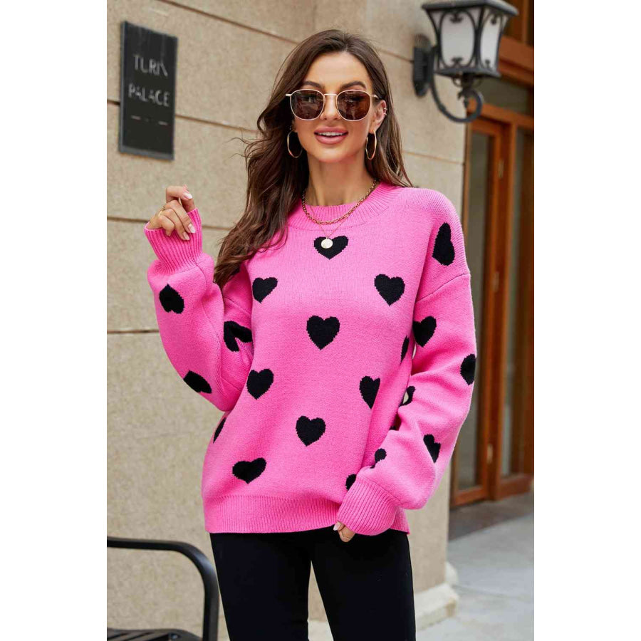 Woven Right Heart Pattern Lantern Sleeve Round Neck Tunic Sweater