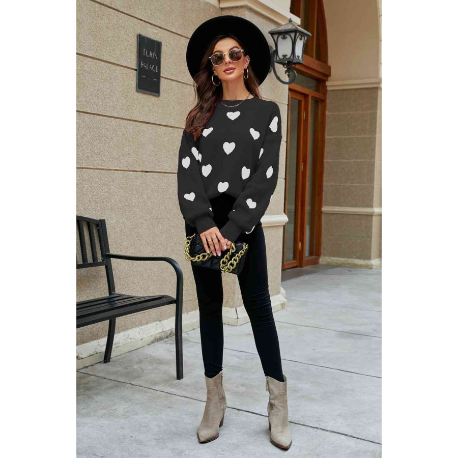 Woven Right Heart Pattern Lantern Sleeve Round Neck Tunic Sweater