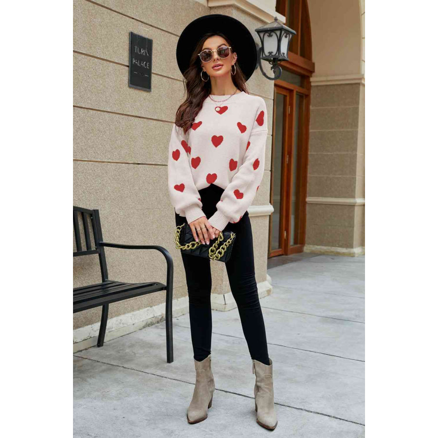 Woven Right Heart Pattern Lantern Sleeve Round Neck Tunic Sweater