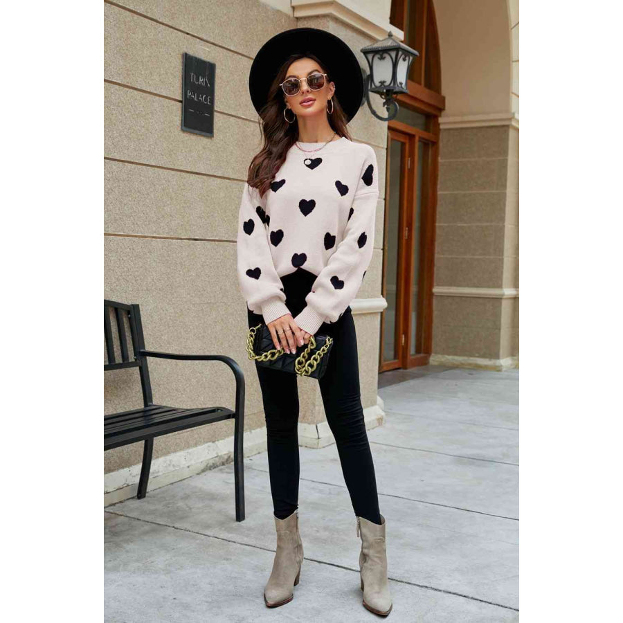 Woven Right Heart Pattern Lantern Sleeve Round Neck Tunic Sweater