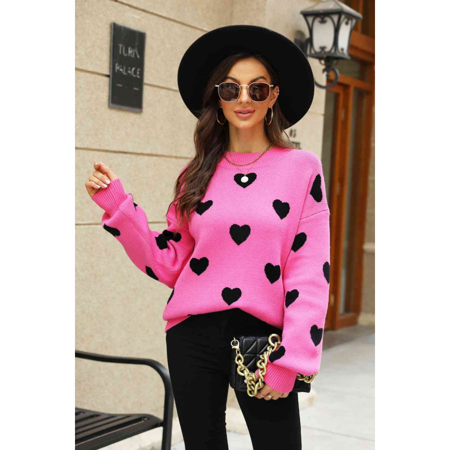 Woven Right Heart Pattern Lantern Sleeve Round Neck Tunic Sweater