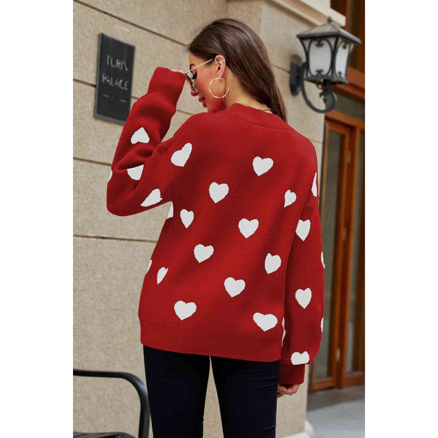 Woven Right Heart Pattern Lantern Sleeve Round Neck Tunic Sweater