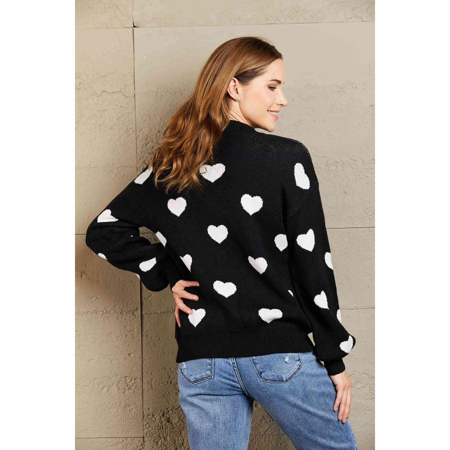 Woven Right Heart Pattern Lantern Sleeve Round Neck Tunic Sweater
