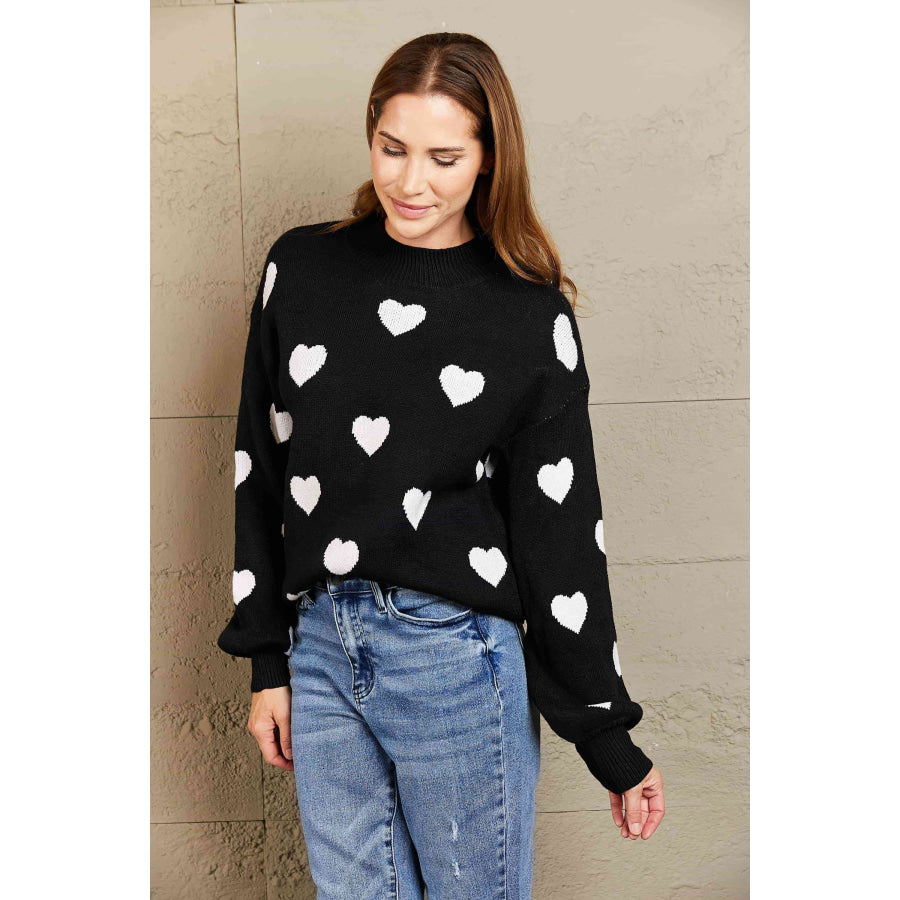 Woven Right Heart Pattern Lantern Sleeve Round Neck Tunic Sweater