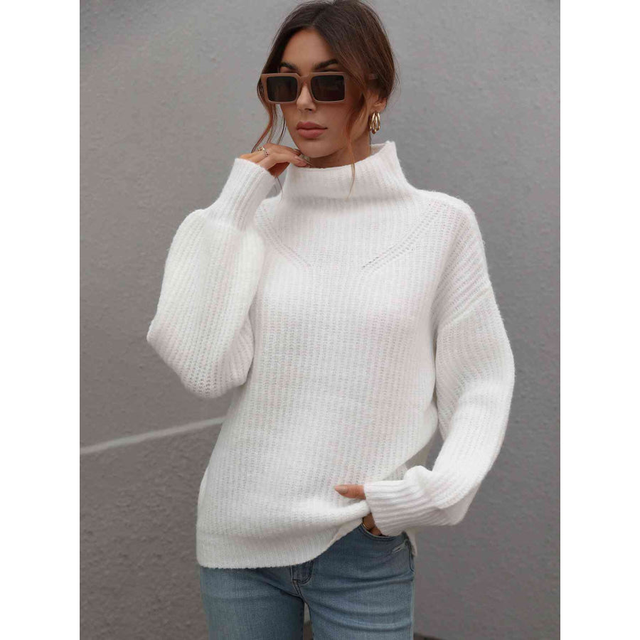 Woven Right High Neck Balloon Sleeve Rib-Knit Pullover Sweater