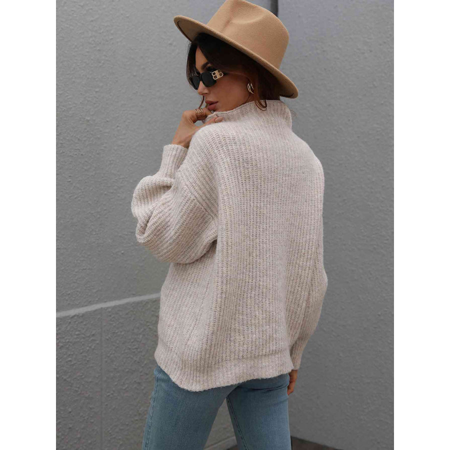 Woven Right High Neck Balloon Sleeve Rib-Knit Pullover Sweater