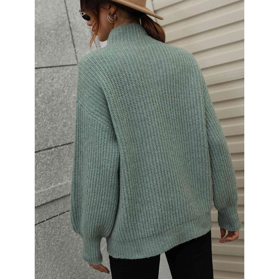 Woven Right High Neck Balloon Sleeve Rib-Knit Pullover Sweater