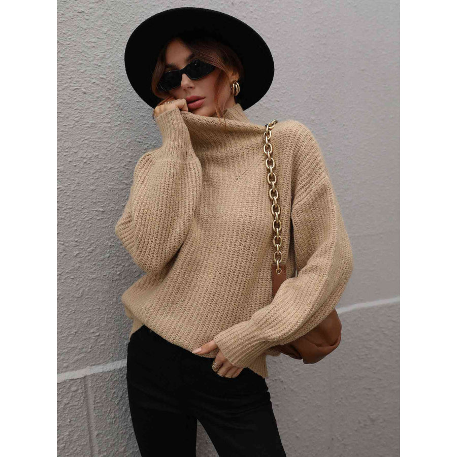 Woven Right High Neck Balloon Sleeve Rib-Knit Pullover Sweater