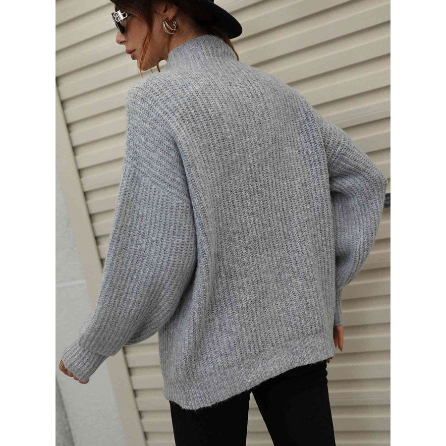 Woven Right High Neck Balloon Sleeve Rib-Knit Pullover Sweater