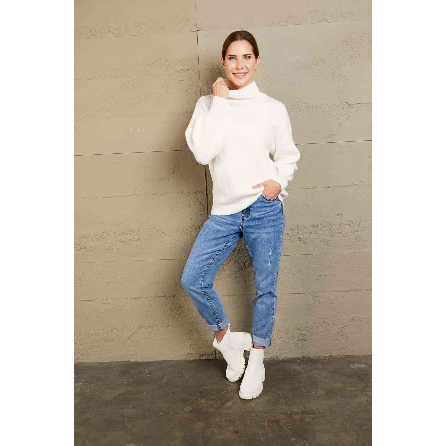 Woven Right High Neck Balloon Sleeve Rib-Knit Pullover Sweater