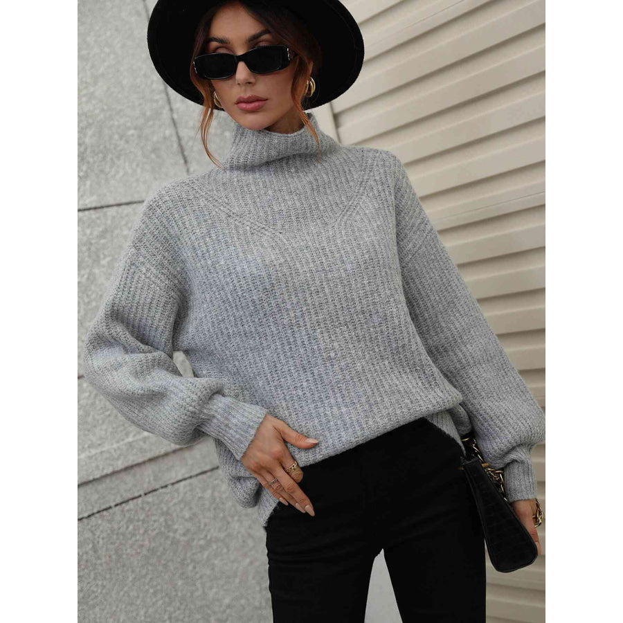 Woven Right High Neck Balloon Sleeve Rib-Knit Pullover Sweater